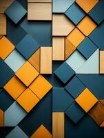 3d tolkning av en trä- vägg med orange blå och svart kvadrater generativ ai foto