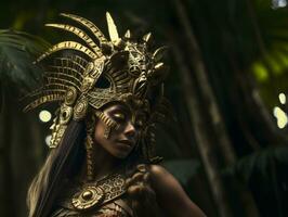 en skön kvinna i en guld huvudbonad i de djungel generativ ai foto