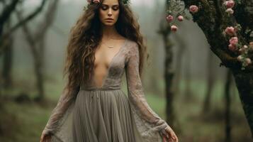 en skön kvinna i en grå klänning stående i en skog generativ ai foto