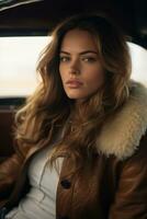 en skön kvinna i en läder jacka Sammanträde i de tillbaka sittplats av en bil generativ ai foto