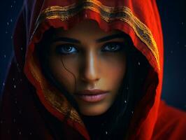 en skön kvinna i en röd morgonrock med blå ögon generativ ai foto