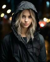 en skön ung kvinna i en svart jacka på de gata på natt generativ ai foto