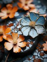 en blå och orange blomma är Sammanträde på topp av en sten yta generativ ai foto