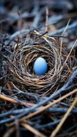 en blå ägg sitter i en bo av kvistar generativ ai foto