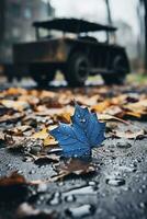 en blå blad sitter på de jord i främre av ett gammal lastbil generativ ai foto