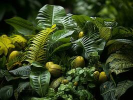 en knippa av tropisk växter i en mörk rum generativ ai foto