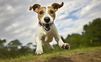 domkraft russel präst hund springa mot de kamera låg vinkel hög hastighet skott. ai genererad foto