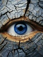 en stänga upp av en blå öga på en knäckt trä- yta generativ ai foto