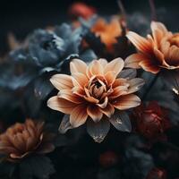 en stänga upp av en knippa av blommor med röd och orange kronblad generativ ai foto