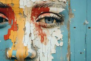 en stänga upp av en ansikte målad på en trä- vägg generativ ai foto