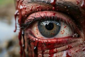 en stänga upp av en mannens öga täckt i blod generativ ai foto