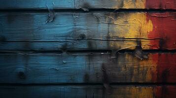 en stänga upp av en målad trä vägg med röd blå och gul måla generativ ai foto