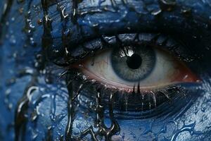 en stänga upp av en kvinnors öga med blå måla på den generativ ai foto