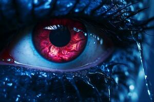 en stänga upp av ett öga med röd iris generativ ai foto
