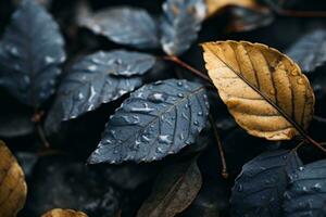 en stänga upp av löv med vatten droppar på dem generativ ai foto