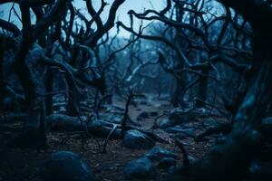 en mörk skog med död- träd och stenar generativ ai foto