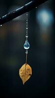 en släppa av vatten hänger från en gren i de regn generativ ai foto