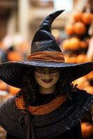 en docka klädd som en häxa i en halloween Lagra generativ ai foto