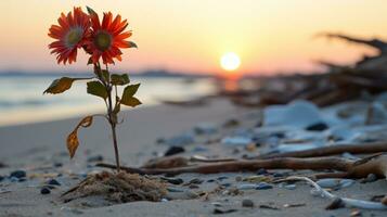 en blomma växande ut av de sand på de strand generativ ai foto
