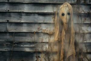 en spöklik ansikte är stående i främre av en trä- vägg generativ ai foto