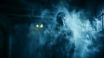 en spöklik figur i en mörk rum med rök kommande ut av den generativ ai foto