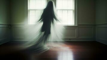 en spöklik figur är stående i främre av en fönster generativ ai foto