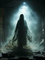en spöklik figur stående i en mörk rum med rök kommande ut av de dörr generativ ai foto