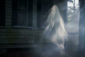en spöklik figur stående i främre av en hus generativ ai foto