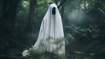 en spöklik figur stående i de mitten av en skog generativ ai foto