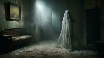 en spöklik kvinna i en lång vit klänning står i en mörk rum generativ ai foto