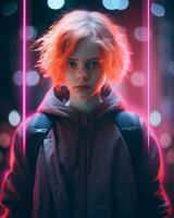 en flicka med röd hår stående i främre av neon lampor generativ ai foto