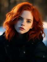 en flicka med röd hår och fräknar i de snö generativ ai foto