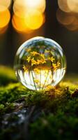 en glas boll med gul blommor Sammanträde på topp av en mossiga jord generativ ai foto