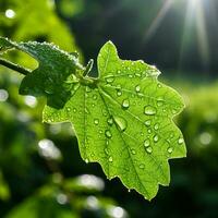 en grön blad med vatten droppar på den generativ ai foto