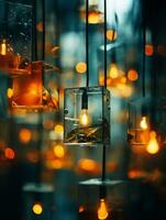 en grupp av glas kuber med lampor hängande från dem generativ ai foto