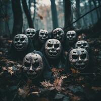 en grupp av halloween masker i de trän generativ ai foto