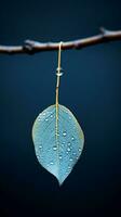 en blad hänger från en gren med vatten droppar på den generativ ai foto