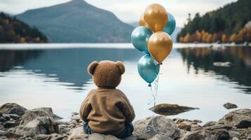 en liten pojke Sammanträde på stenar med ballonger i främre av en sjö generativ ai foto