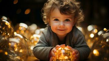 en liten pojke är innehav en gyllene boll i främre av honom generativ ai foto
