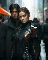 en man och en kvinna stående i de regn på en stad gata generativ ai foto