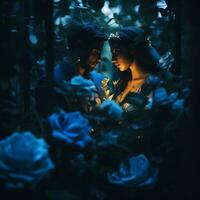 en man och kvinna i en mörk skog omgiven förbi blommor generativ ai foto