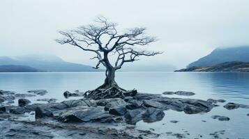 en ensam träd står på de Strand av en kropp av vatten generativ ai foto