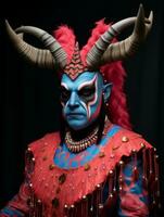 en man klädd i blå och röd med horn på hans huvud generativ ai foto