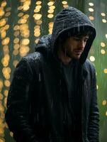 en man i en huvor jacka stående i de regn generativ ai foto
