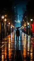 en man gående ner en våt gata på natt med ett paraply generativ ai foto