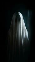 en person i en spöklik vit klänning stående i de mörk generativ ai foto