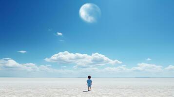 en person stående i de mitten av en öken- med en full måne i de himmel generativ ai foto