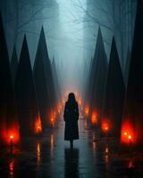 en person gående genom en dimmig område med ljus generativ ai foto