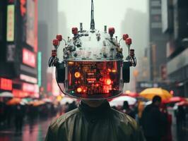 en person bär ett elektronisk hjälm på en regnig dag generativ ai foto