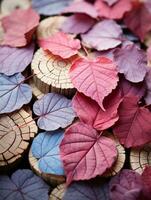 en lugg av färgrik löv på topp av trä- loggar generativ ai foto